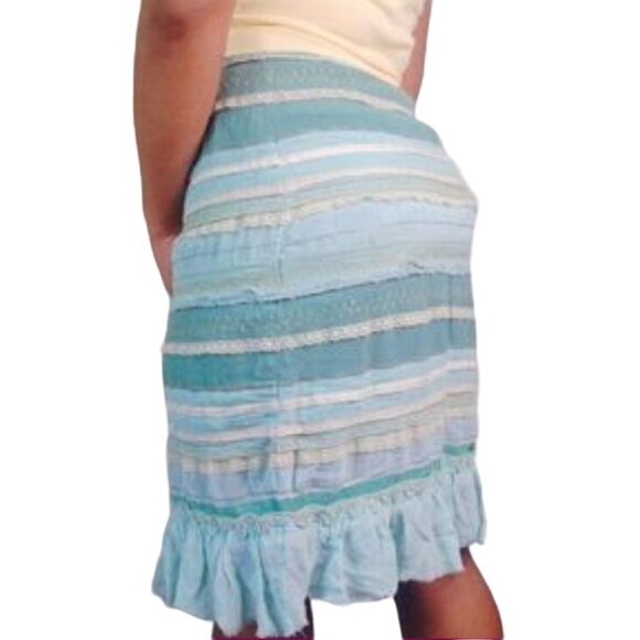 Odille Green & Cream Lace Ribbon Stripe Ruffle Skirt Anthropologie Gold Viscose - Picture 2 of 15